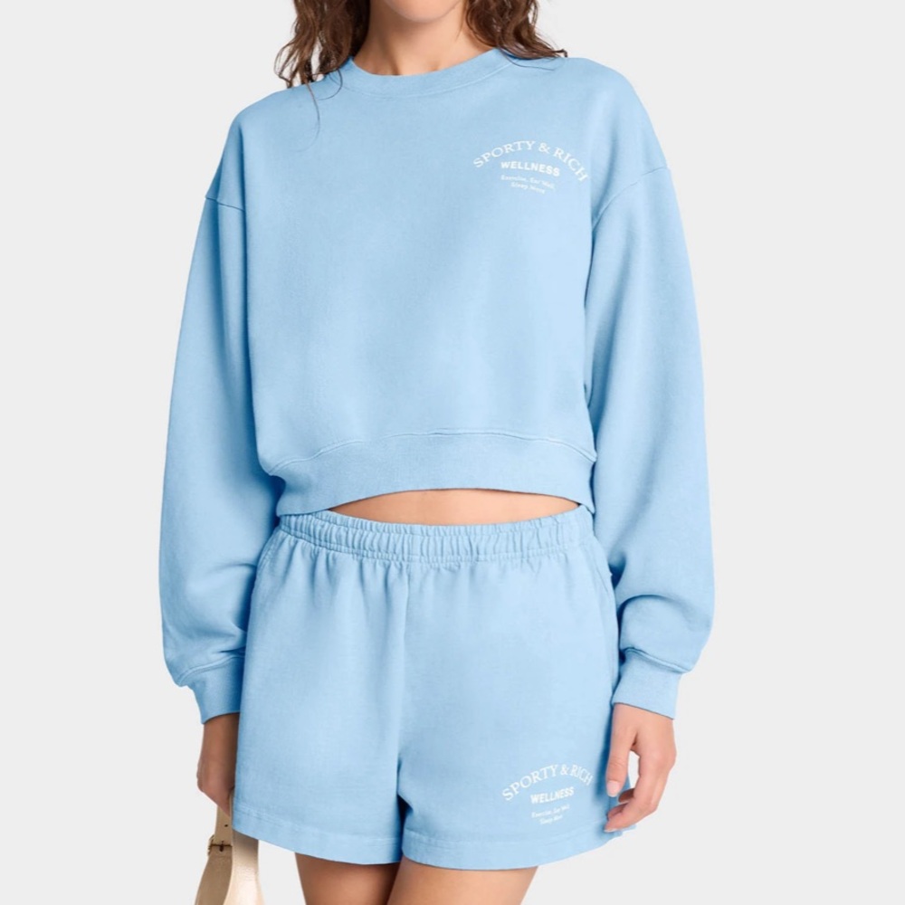 Sporty & Rich Wellness Studio Cropped Crewneck Sweatshirt- Sky Blue/White small